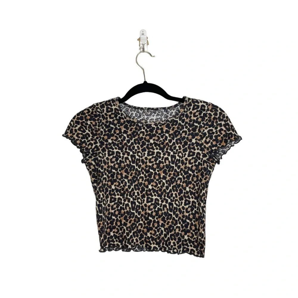 American Eagle Brown & Black Leopard Print Waffle Cropped Top Xsmall Women’s